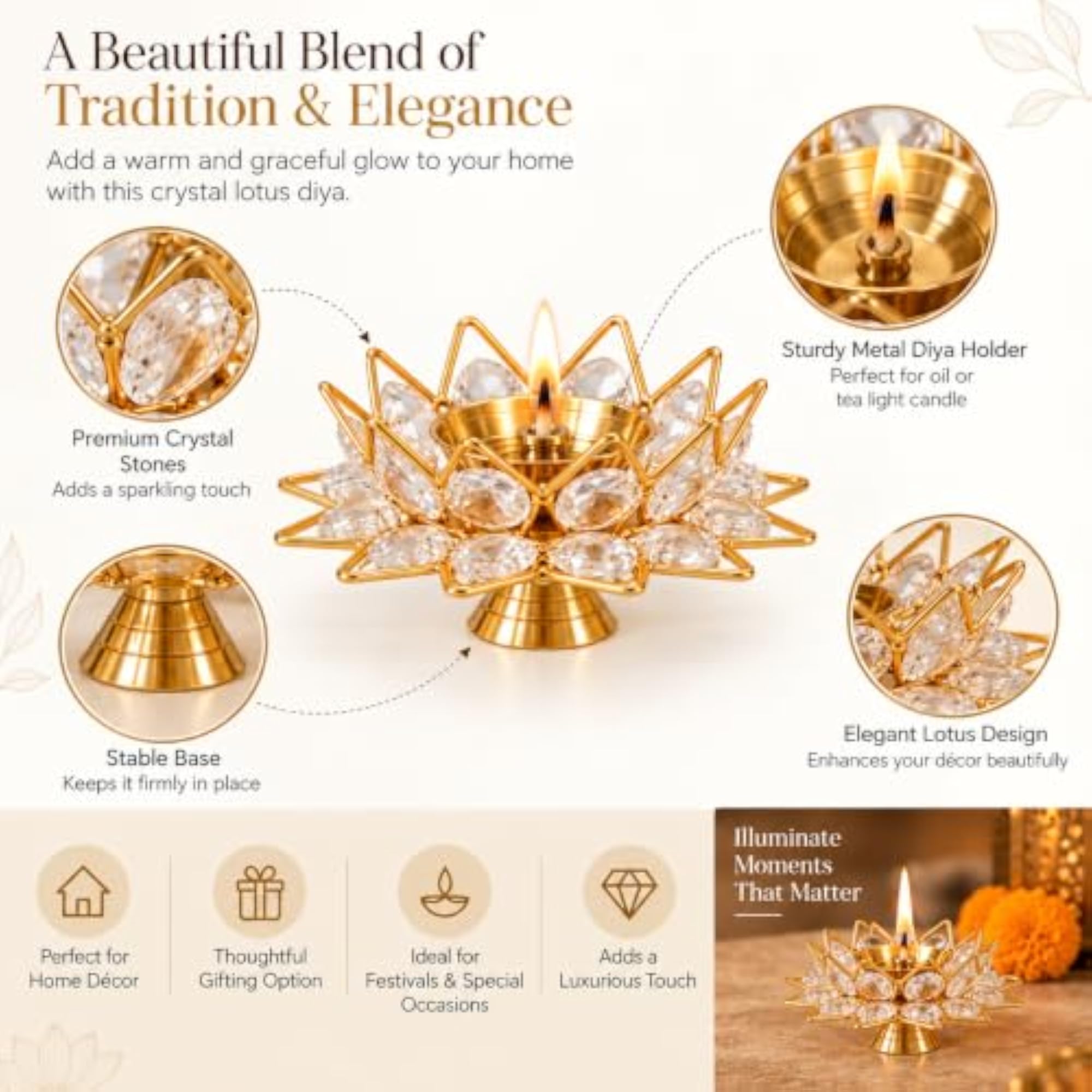 Golden Lotus Shaped Crystal Brass Diya, Diwali Decoration